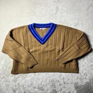 Madewell Wool Blend Academia Sweater Women's XL Varsity V-Neck Ribbed Brown Blue